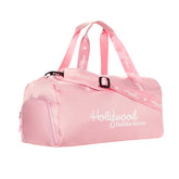 Pink duffel bag with 'Hollywood Fashion Secrets' branding on a white background